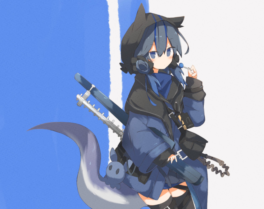 1girl animal_ears animal_hood arknights black_legwear black_sailor_collar blue_eyes blue_hair blue_jacket blush candy commentary cowboy_shot double_bun fake_animal_ears food glaucus_(arknights) hair_between_eyes highres holding holding_candy holding_food hood jacket long_sleeves looking_at_viewer makurakui multicolored_hair pouch sailor_collar solo standing streaked_hair stuffed_animal stuffed_toy tail thigh-highs twintails zettai_ryouiki