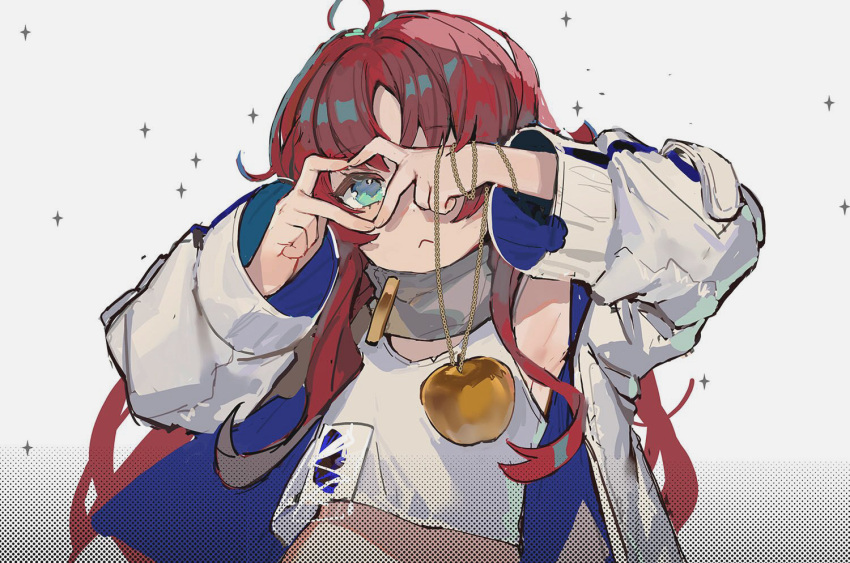 1girl :&lt; acidear ahoge apple arknights arms_up blue_eyes chain commentary crop_top eyebrows_visible_through_hair food fruit golden_apple halftone heart heart_hands holding holding_chain holding_food holding_fruit id_card jacket long_hair midriff myrtle_(arknights) open_clothes open_jacket redhead scarf shirt solo sparkle standing symbol_commentary upper_body white_background white_jacket white_shirt