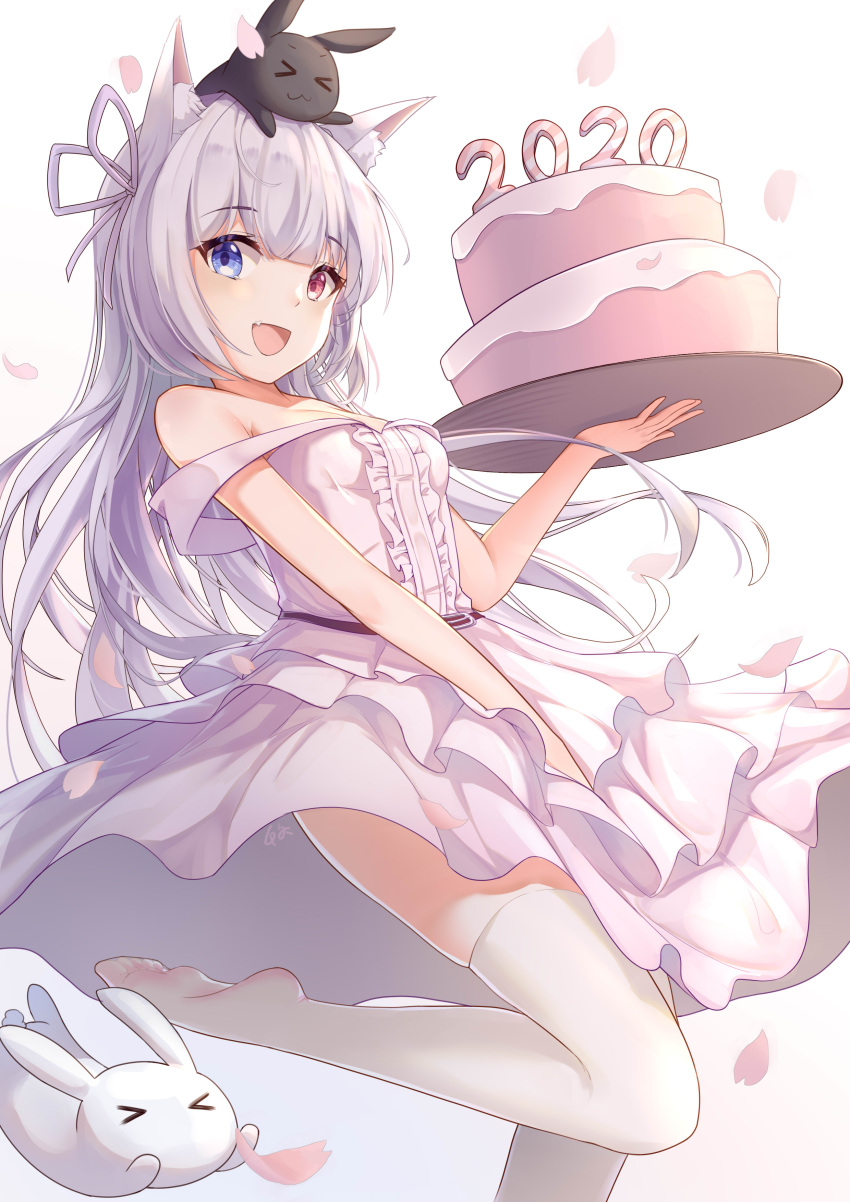 &gt;_&lt; 1girl :d absurdres animal_ear_fluff animal_ears animal_on_head bangs bare_arms bare_shoulders blue_background blue_eyes breasts cake cat_ears center_frills chiya_1589505970 closed_eyes commentary_request dress eyebrows_visible_through_hair fang food frills gradient gradient_background hair_ribbon hand_up heterochromia highres holding holding_tray layered_dress looking_at_viewer no_shoes on_head open_mouth original petals pleated_dress purple_ribbon rabbit red_eyes ribbon silver_hair sleeveless sleeveless_dress small_breasts smile soles solo standing standing_on_one_leg strap_slip thigh-highs tray white_background white_dress white_legwear