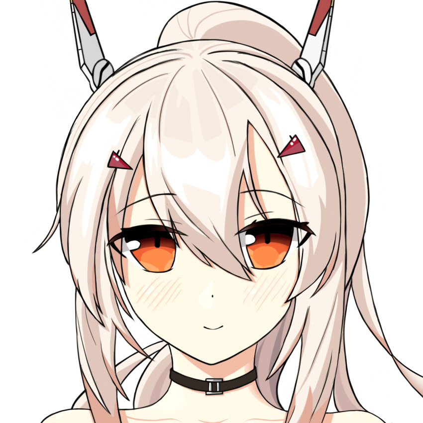 1girl ayanami_(azur_lane) azur_lane bare_shoulders blush chao_yu_quan choker close-up collarbone commentary_request eyebrows_visible_through_hair eyes_visible_through_hair hair_between_eyes hair_ornament hairclip headgear highres long_hair looking_at_viewer orange_eyes ponytail retrofit_(azur_lane) silver_hair simple_background smile solo white_background