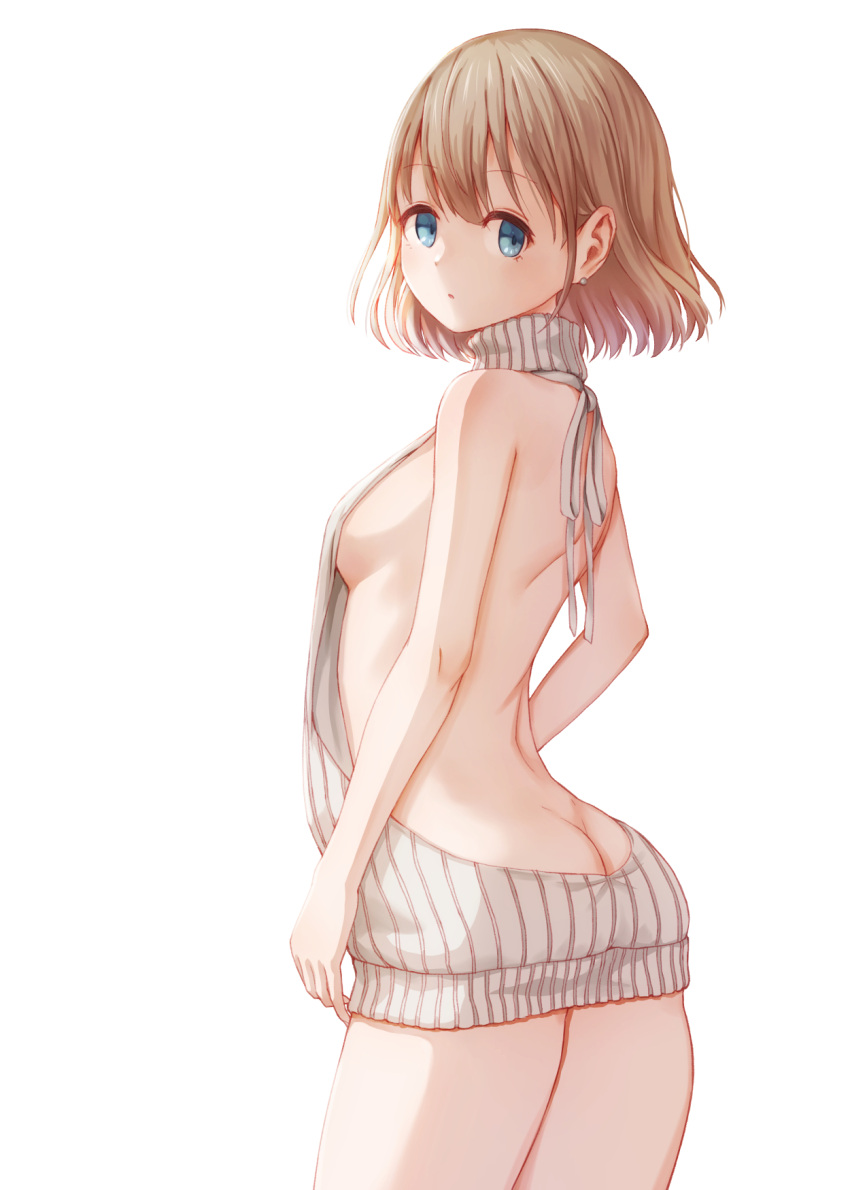1girl :o ass bangs bare_arms bare_back bare_legs bare_shoulders beige_sweater blonde_hair blue_eyes bolbbangbbang breasts butt_crack ear_piercing highres idolmaster idolmaster_shiny_colors light_blush looking_at_viewer looking_back medium_hair meme_attire piercing serizawa_asahi sideboob simple_background sleeveless small_breasts solo sweater turtleneck virgin_killer_sweater white_background