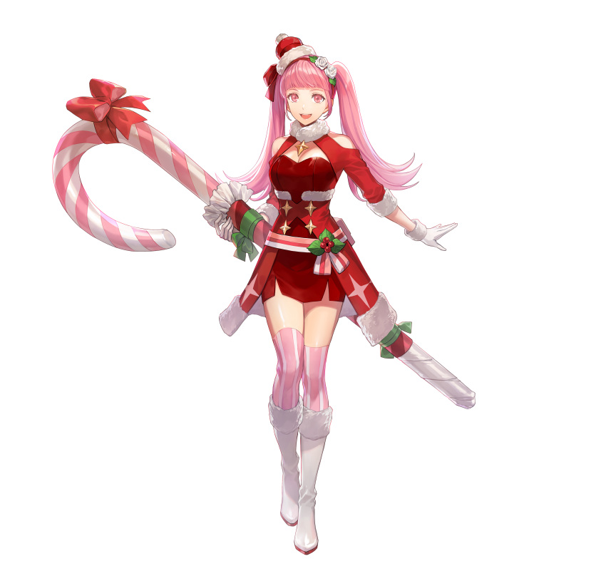1girl absurdres bangs boots breasts candy candy_cane dress fire_emblem fire_emblem:_three_houses fire_emblem_heroes food fur_collar fur_trim gloves hair_ornament hairband hakou_(barasensou) highres hilda_valentine_goneril holding long_hair looking_at_viewer medium_breasts official_art open_mouth pink_eyes pink_hair red_dress shiny shiny_hair short_dress short_sleeves simple_background smile solo standing striped striped_legwear thigh-highs tied_hair twintails vertical-striped_legwear vertical_stripes white_background white_footwear white_gloves zettai_ryouiki