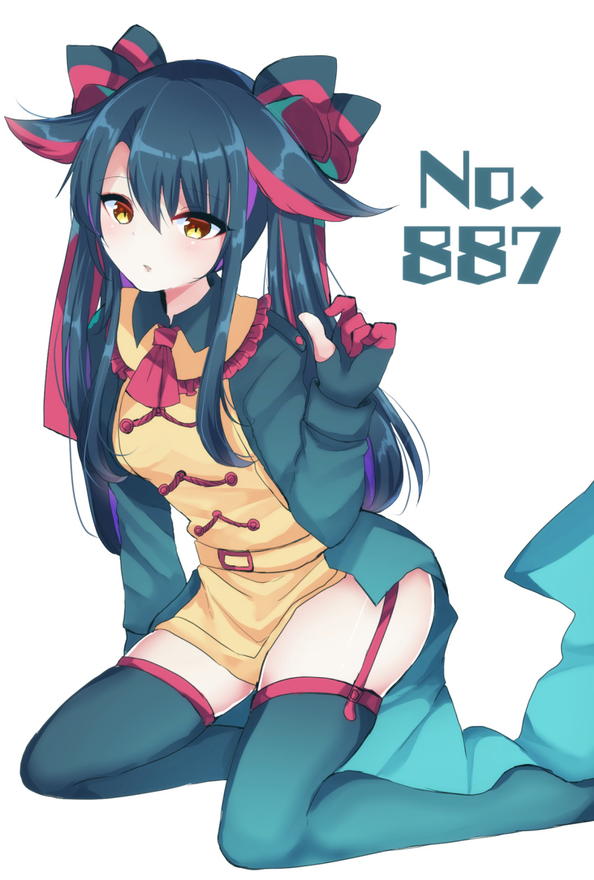 1girl ascot ass bangs blush brown_eyes commentary dragapult eyebrows_visible_through_hair eyelashes garter_straps gen_8_pokemon gloves green_legwear hair_between_eyes hair_ornament hand_up highres kneeling long_hair number ougi_hina partially_fingerless_gloves personification pokedex_number pokemon pokemon_(creature) red_neckwear shiny shiny_hair solo thigh-highs white_background
