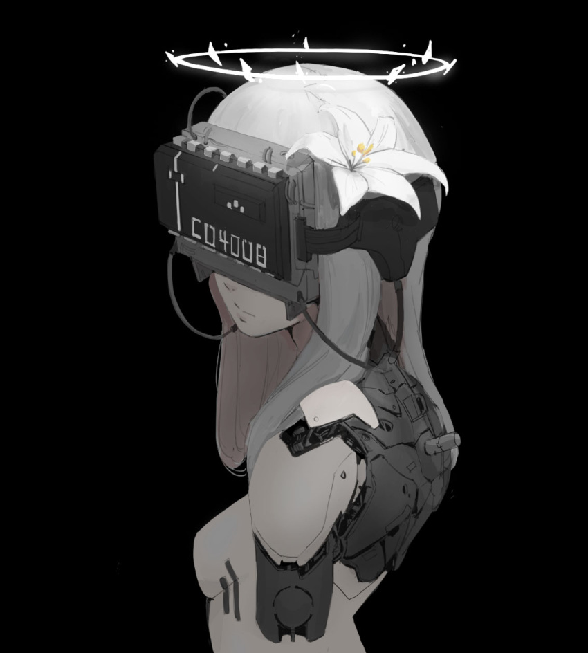 1girl black_background breasts cable commentary_request cyborg expressionless flower hair_flower hair_ornament halo head_mounted_display highres joints kwin long_hair original robot_joints small_breasts solo white_hair