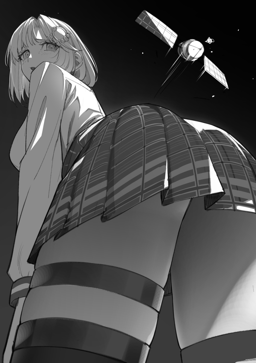 1girl ass bent_over blush breasts collared_shirt commentary cowboy_shot english_commentary eyelashes from_below greyscale hair_ornament highres hololive hololive_english long_sleeves looking_at_viewer manamachii medium_breasts miniskirt monochrome open_mouth plaid plaid_skirt satellite shirt short_hair skirt solo thigh-highs thigh_strap thighs watson_amelia