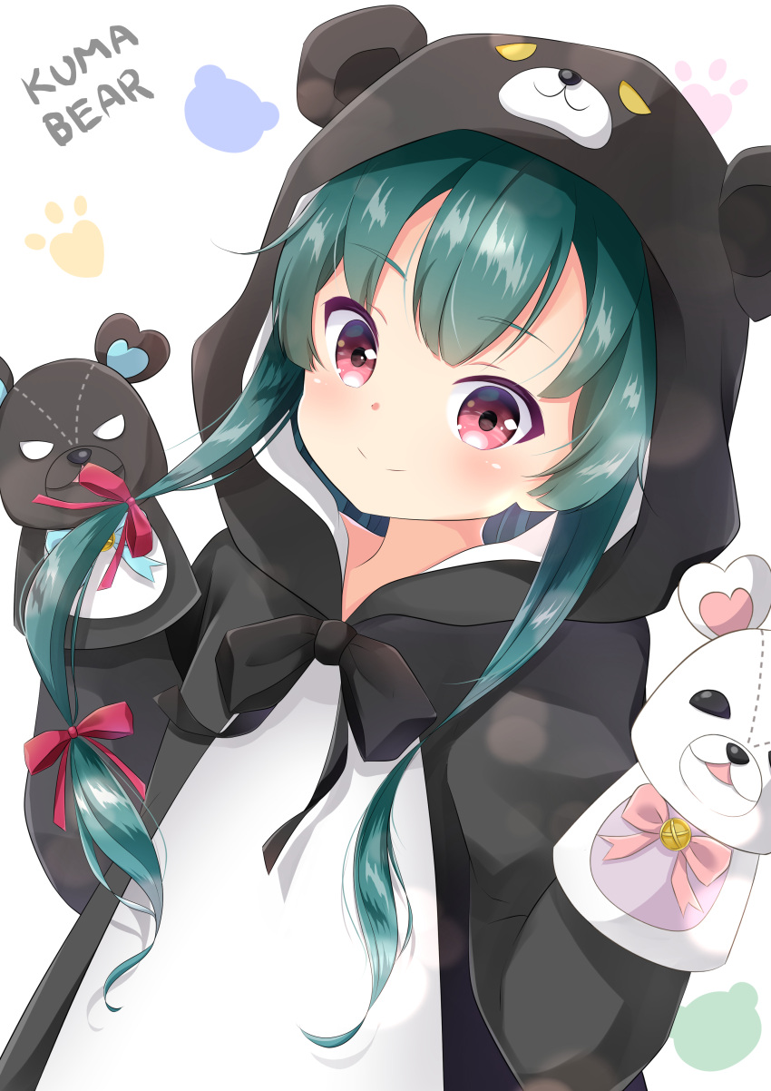 1girl absurdres animal_costume animal_ears animal_hood bangs bear_costume bear_ears bear_hood blush bow closed_mouth commentary_request english_text eyebrows_visible_through_hair fake_animal_ears green_hair hair_bow hand_puppet hands_up highres hood hood_up inahori kuma_kuma_kuma_bear long_hair long_sleeves looking_at_viewer puppet red_bow red_eyes romaji_text simple_background smile solo upper_body very_long_hair white_background yuna_(kuma_kuma_kuma_bear)