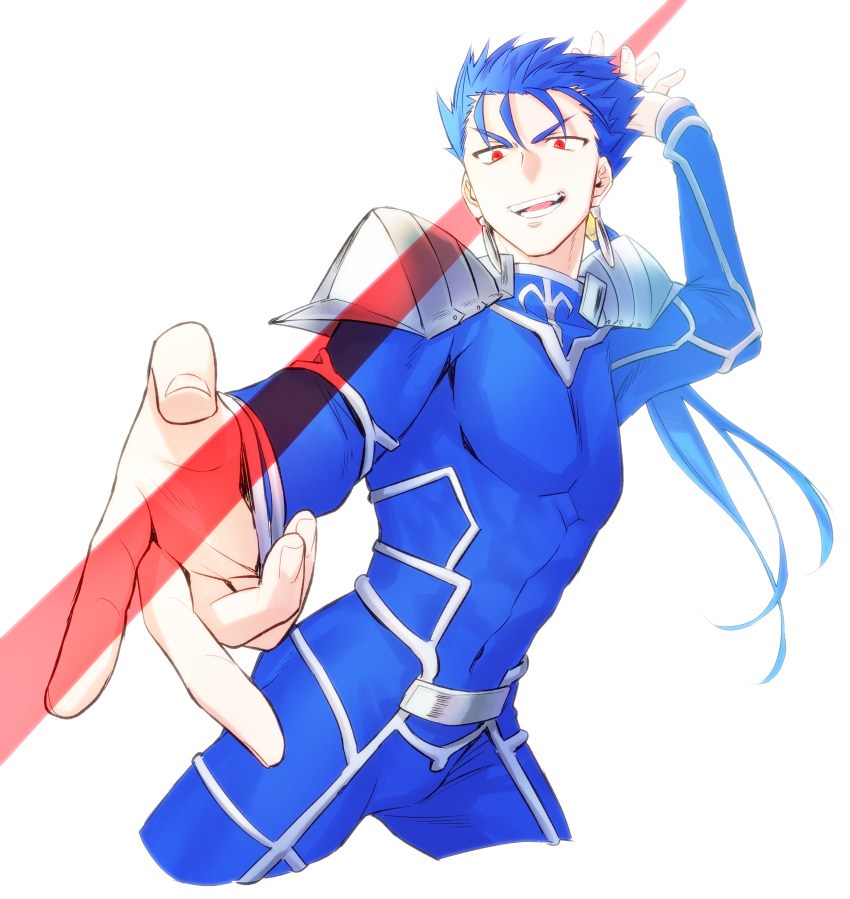 1boy absurdres armor blue_hair bodysuit bulge cu_chulainn_(fate)_(all) earrings fate/stay_night fate_(series) foreshortening gae_bolg grin highres holding holding_polearm holding_weapon jewelry lancer long_hair looking_down male_focus muscle namo open_mouth pauldrons pectorals polearm ponytail red_eyes shoulder_armor simple_background skin_tight smile solo spiky_hair type-moon weapon white_background