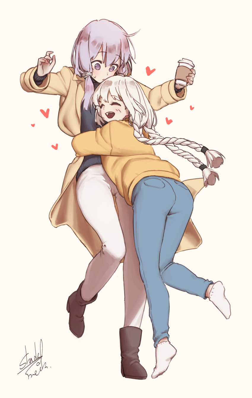 2girls absurdres beige_background black_shirt blush boots braid brown_coat closed_eyes coat coffee_cup commentary cup denim disposable_cup full_body heart highres holding holding_cup hug jeans kizuna_akari long_hair looking_at_another multiple_girls open_mouth orange_sweater pants purple_hair shade_of_trees shirt sidelocks signature silver_hair smile socks standing sweat sweater twin_braids violet_eyes voiceroid white_pants yuzuki_yukari