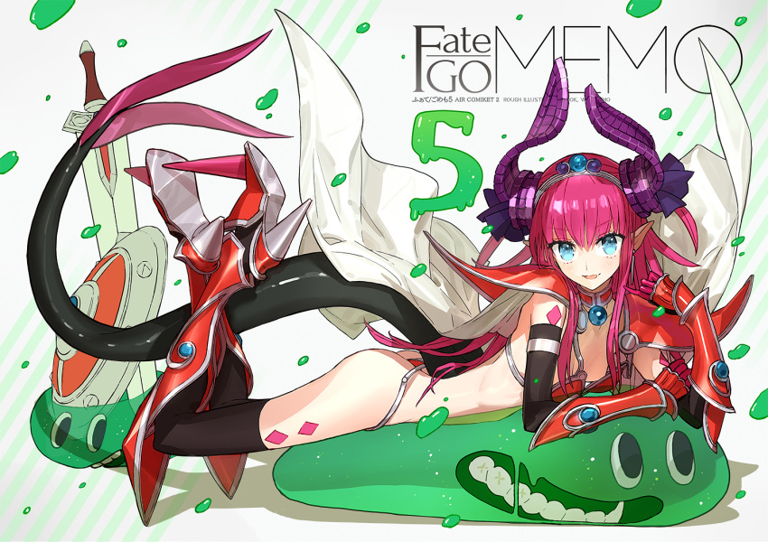 1girl armor bangs bikini bikini_armor black_gloves black_legwear blue_ribbon blush breasts cape curled_horns elbow_gloves elizabeth_bathory_(brave)_(fate) elizabeth_bathory_(fate)_(all) fate/grand_order fate_(series) gloves hair_ribbon horns long_hair looking_at_viewer loose_bikini lying on_stomach open_mouth pauldrons pink_hair pointy_ears red_bikini ribbon shield shoulder_armor slime small_breasts smile spiked_footwear swimsuit sword tail thigh-highs tiara two_side_up vambraces wada_arco weapon white_cape