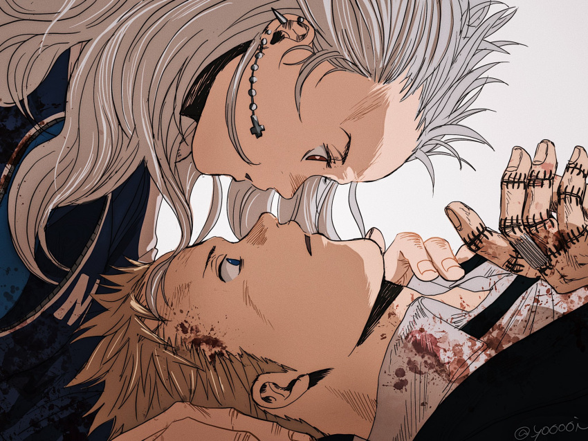 1boy 1girl black_jacket black_neckwear blonde_hair blood blood_on_face bloody_clothes blue_eyes blue_jacket brown_eyes collared_shirt dorohedoro dress_shirt earrings forehead highres jacket jewelry leaning_forward long_hair looking_at_another lying noi_(dorohedoro) on_back open_mouth profile shin_(dorohedoro) shirt short_hair silver_hair simple_background spiky_hair stitches twitter_username upper_body white_background white_shirt yooooi