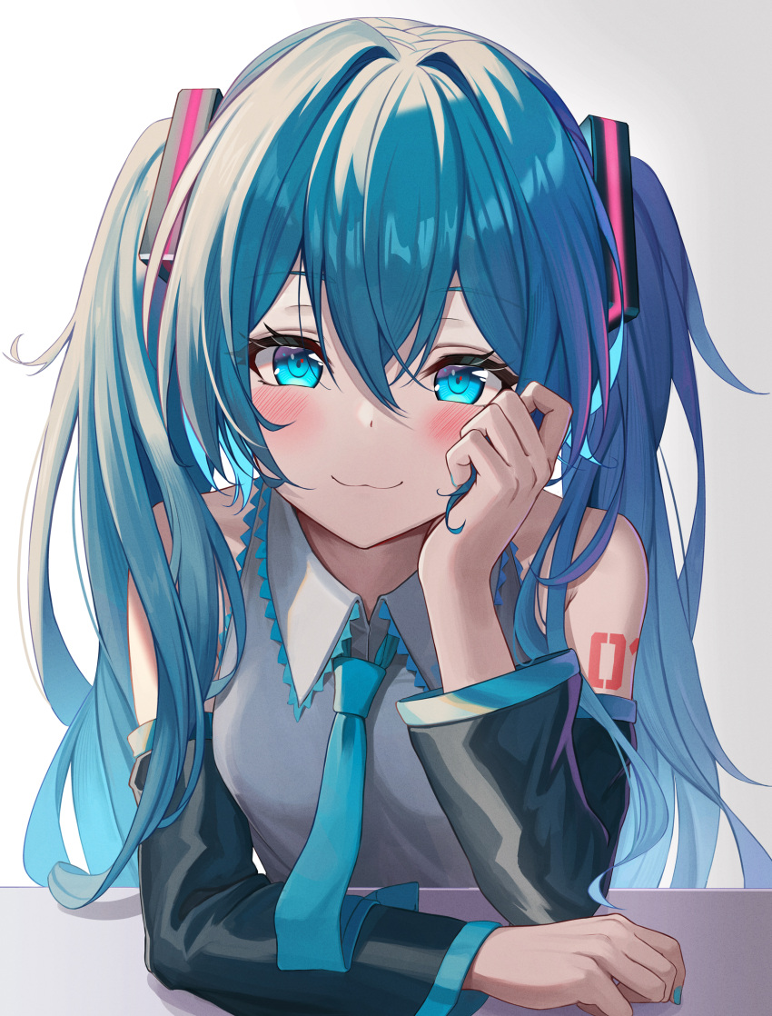 1girl :3 bangs bib_(bibboss39) black_sleeves blue_eyes blue_hair blue_nails blue_neckwear blush closed_mouth collared_shirt detached_sleeves eyebrows_visible_through_hair grey_shirt hair_between_eyes hand_on_own_cheek hand_on_own_face hatsune_miku highres long_hair long_sleeves looking_at_viewer nail_polish necktie neon_trim number_tattoo shirt shoulder_tattoo smile solo tattoo twintails upper_body very_long_hair vocaloid