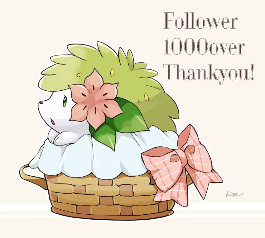 basket bow commentary_request gen_4_pokemon green_eyes highres kisa_(kisa-kisa5900) milestone_celebration mythical_pokemon no_humans open_mouth paws pink_bow pokemon pokemon_(creature) shaymin signature solo