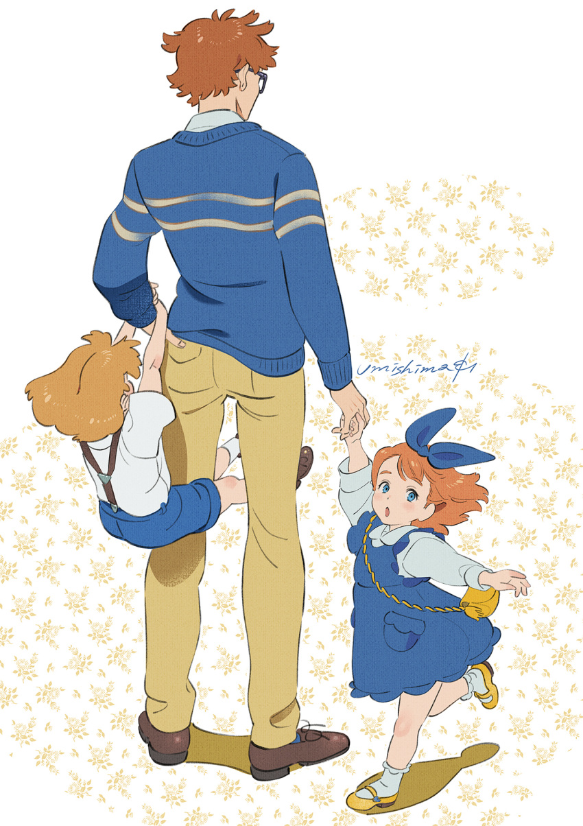 1boy 2girls age_difference bag blue_bow blue_dress blue_shorts blue_sweater bow brown_footwear brown_hair child dress glasses hair_bow highres long_sleeves multiple_girls original shadow shirt shoes shorts shoulder_bag suspenders sweater umishima_senbon white_shirt yellow_bag yellow_footwear