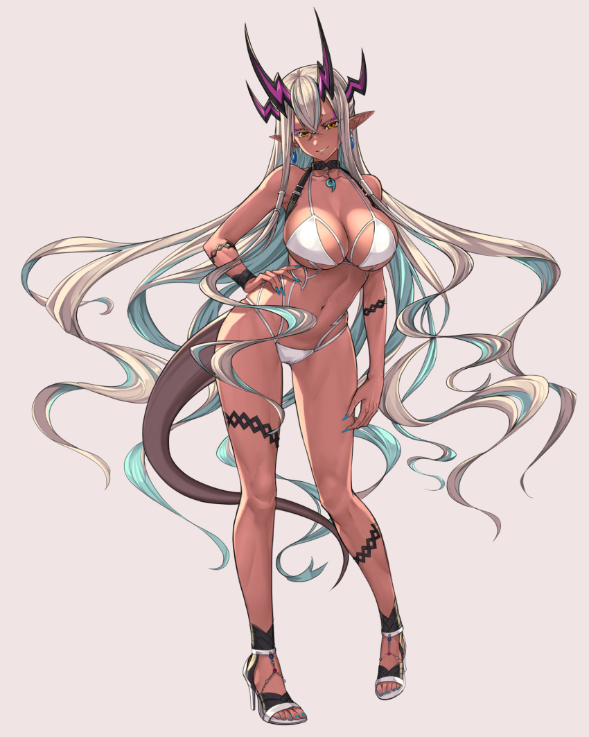 1girl alba aqua_nails bangs bare_shoulders bikini breasts collarbone colored_eyelashes dark_skin dark-skinned_female earrings fate/grand_order fate_(series) full_body hair_between_eyes hand_on_hip highres horns ibuki_douji_(fate) jewelry large_breasts long_hair looking_at_viewer magatama multicolored_hair navel oni_horns parted_lips pointy_ears red_eyes sandals simple_background smile swimsuit tagme tail two-tone_hair very_long_hair
