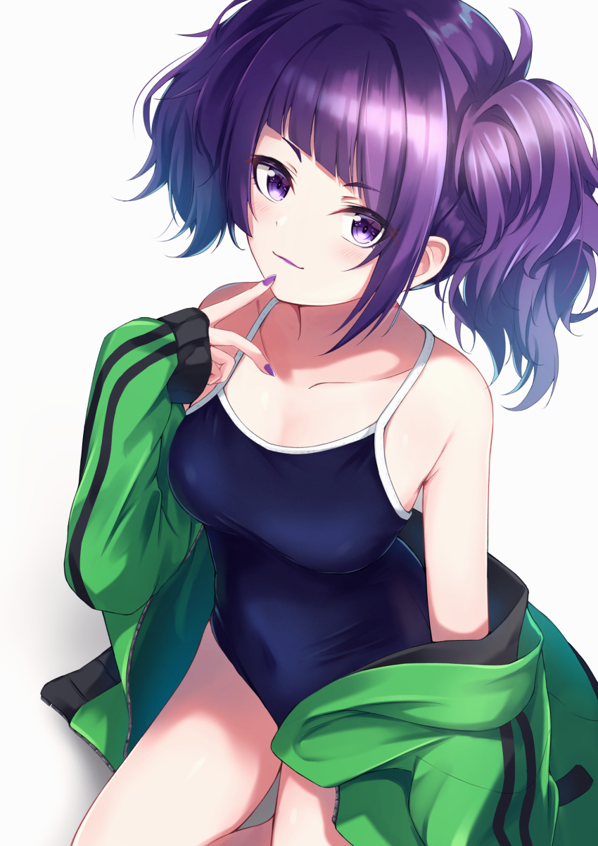 1girl absurdres armpits bangs bare_shoulders blue_swimsuit blush breasts eyebrows_visible_through_hair finger_to_mouth green_jacket highres idolmaster idolmaster_shiny_colors jacket jersey kneeling lipstick looking_at_viewer makeup medium_breasts miso_(misomiso_154) one-piece_swimsuit purple_hair purple_lipstick purple_nails school_swimsuit sidelocks simple_background solo swimsuit tanaka_mamimi twintails violet_eyes white_background