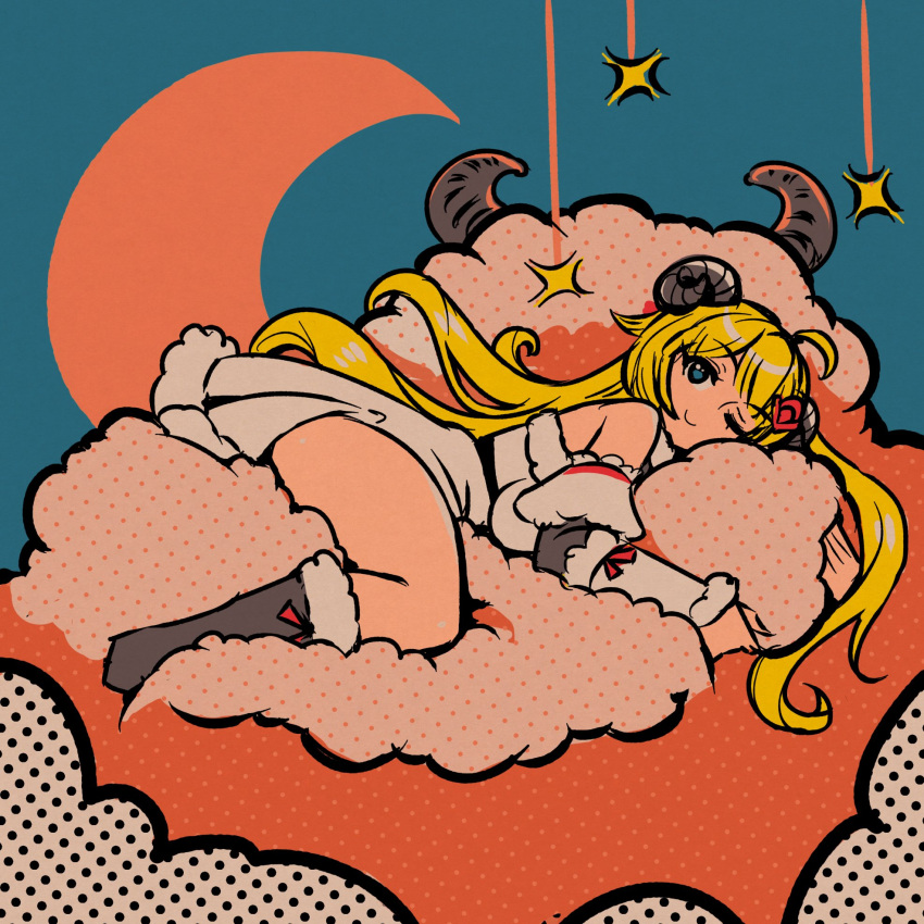 1girl akairiot blonde_hair blue_eyes breast_press breasts clouds cowlick crescent_moon dress english_commentary highres hololive horns large_breasts long_hair lying moon on_side one_eye_closed sheep_girl sheep_horns shooting_star smile solo tsunomaki_watame virtual_youtuber white_dress