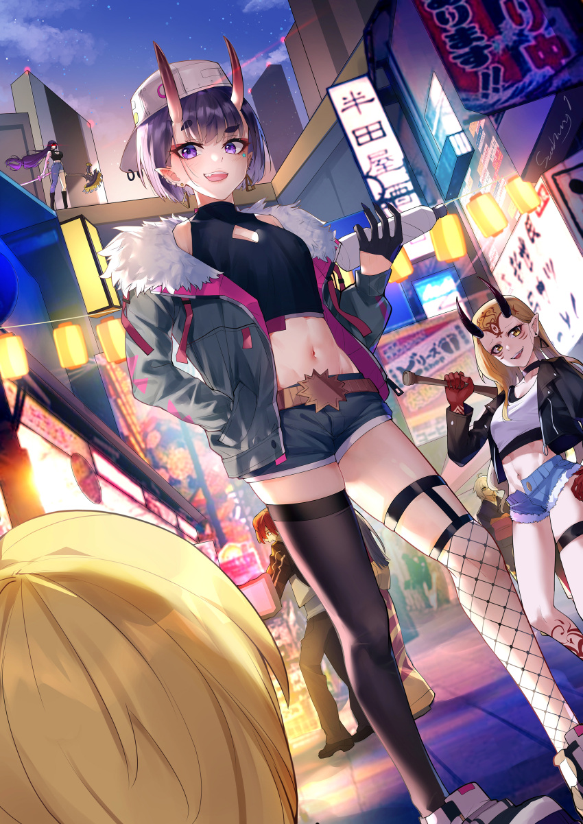 absurdres bangs black_legwear bob_cut breasts caster_lily casual cityscape eyeliner facial_mark fate/grand_order fate_(series) forehead_mark highres horns ibaraki_douji_(fate/grand_order) japanese_clothes jeanne_d'arc_(alter)_(fate) jeanne_d'arc_(fate)_(all) kaer_sasi_dianxia kimono long_hair long_sleeves looking_at_viewer makeup minamoto_no_raikou_(fate/grand_order) oni oni_horns open_mouth pantyhose pointy_ears purple_hair sakata_kintoki_(fate/grand_order) short_hair shuten_douji_(fate/grand_order) skin-covered_horns smile tattoo violet_eyes watanabe_no_tsuna_(fate/grand_order) yellow_eyes