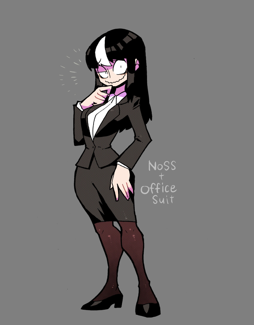 1girl absurdres blazer english_text eyebrows_visible_through_hair highres jacket long_hair looking_at_viewer multicolored_hair noss_(rariatto) office_lady original pantyhose pencil_skirt rariatto_(ganguri) sidelocks skirt smile solo streaked_hair two-tone_hair vampire wavy_mouth