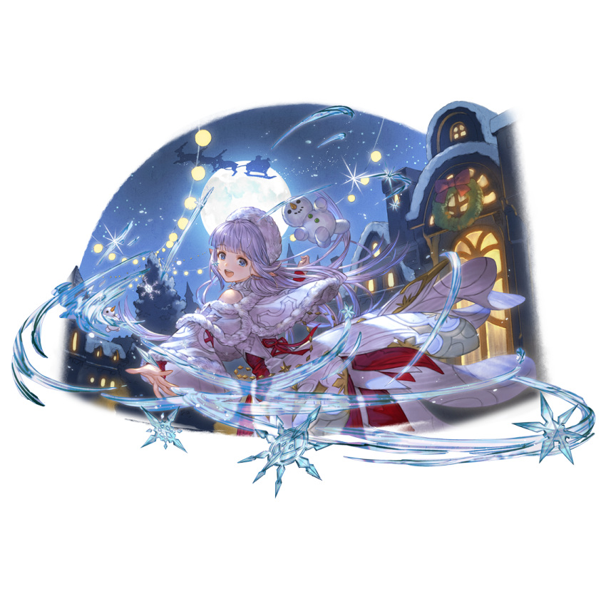 :d bangs bare_shoulders blue_eyes blue_hair eyebrows_visible_through_hair eyelashes granblue_fantasy hair_ornament hat lily_(granblue_fantasy) long_hair long_sleeves looking_at_viewer moon open_mouth pointy_ears sleeves smile snowflakes snowman teeth tongue