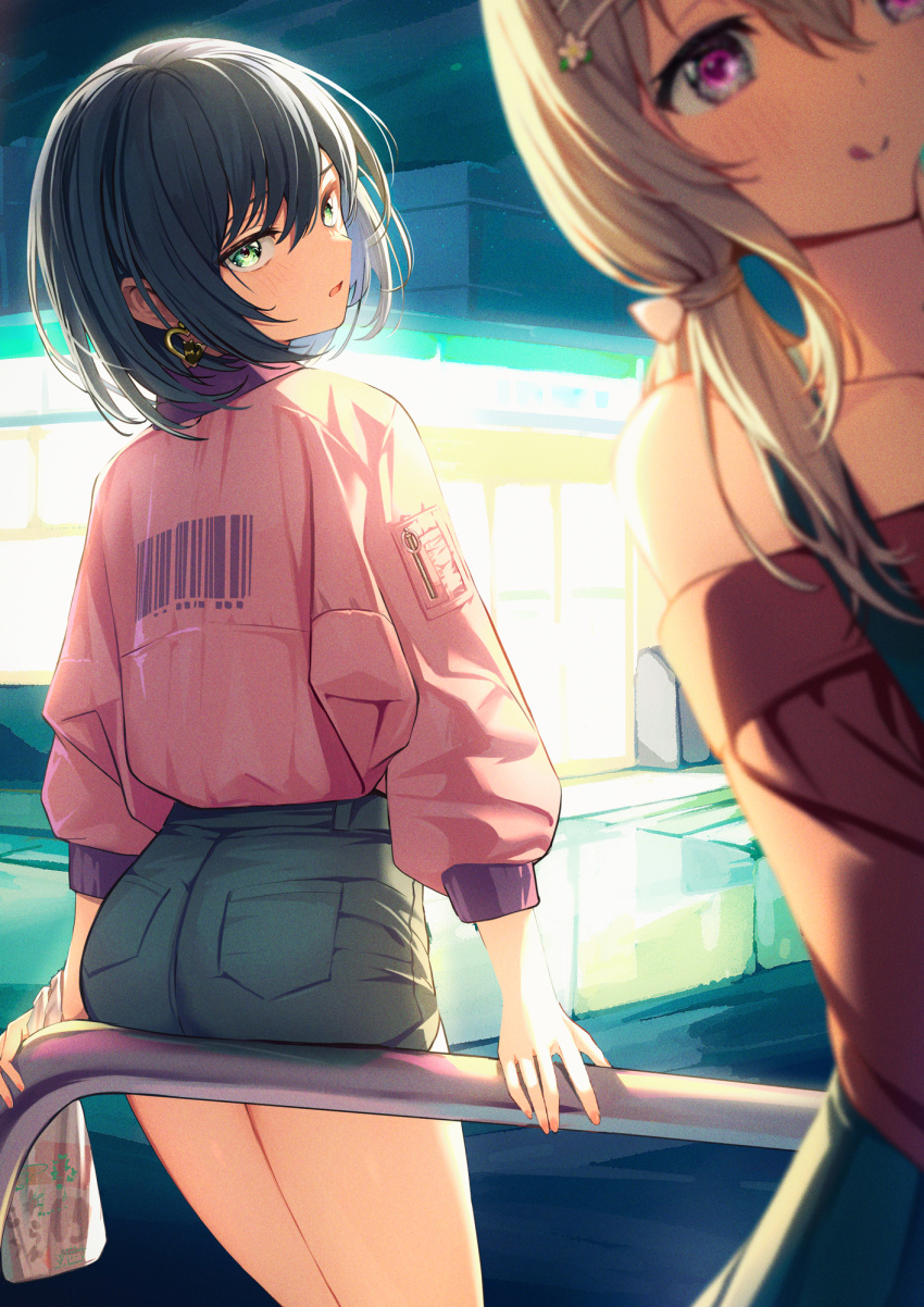 2girls bag barcode black_hair commentary_request earrings from_behind green_eyes hair_ornament hairclip heart heart-shaped_pupils highres jacket jewelry kagawa_ichigo light_brown_hair long_hair looking_at_viewer looking_back low_twintails multiple_girls night original outdoors pink_jacket plastic_bag railing short_hair solo_focus symbol-shaped_pupils thighs twintails