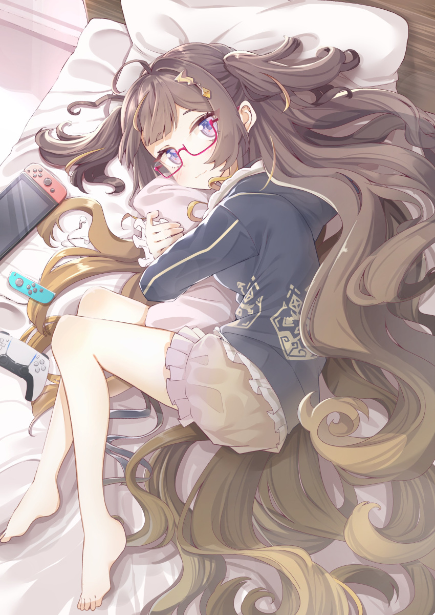 1girl absurdres ahoge anya_melfissa barefoot bed bespectacled blush borumete brown_hair commentary_request glasses hair_ornament highres hololive hololive_indonesia long_hair looking_at_viewer lying on_side pillow solo violet_eyes virtual_youtuber