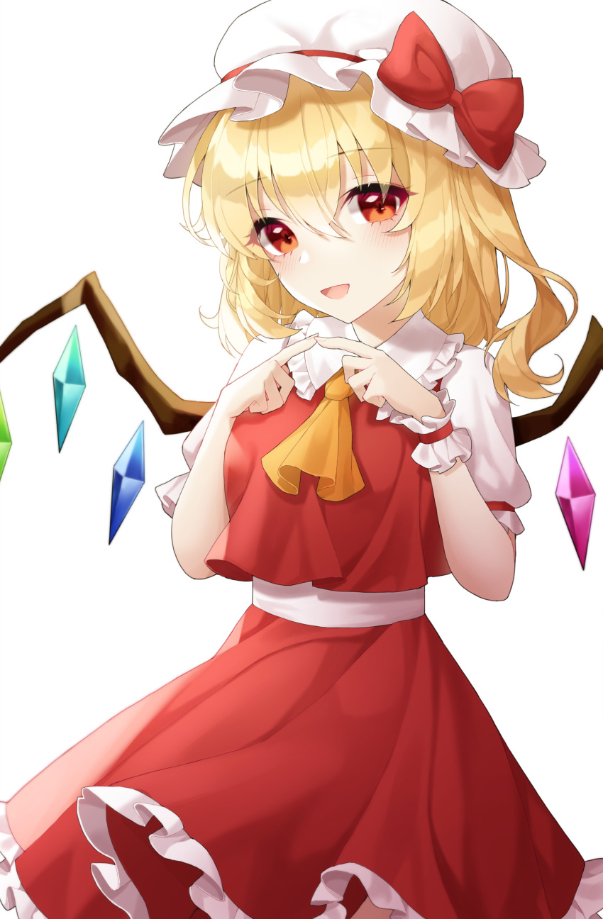 1girl absurdres ascot bangs blonde_hair bow cowboy_shot crystal eyebrows_visible_through_hair fingers_together flandre_scarlet frilled_skirt frills hair_between_eyes hat hat_bow highres looking_at_viewer medium_hair meoyo mob_cap open_mouth orange_eyes red_bow red_skirt red_vest shirt short_sleeves side_ponytail simple_background skirt smile solo standing touhou vest white_background white_headwear white_shirt wings wrist_cuffs yellow_neckwear