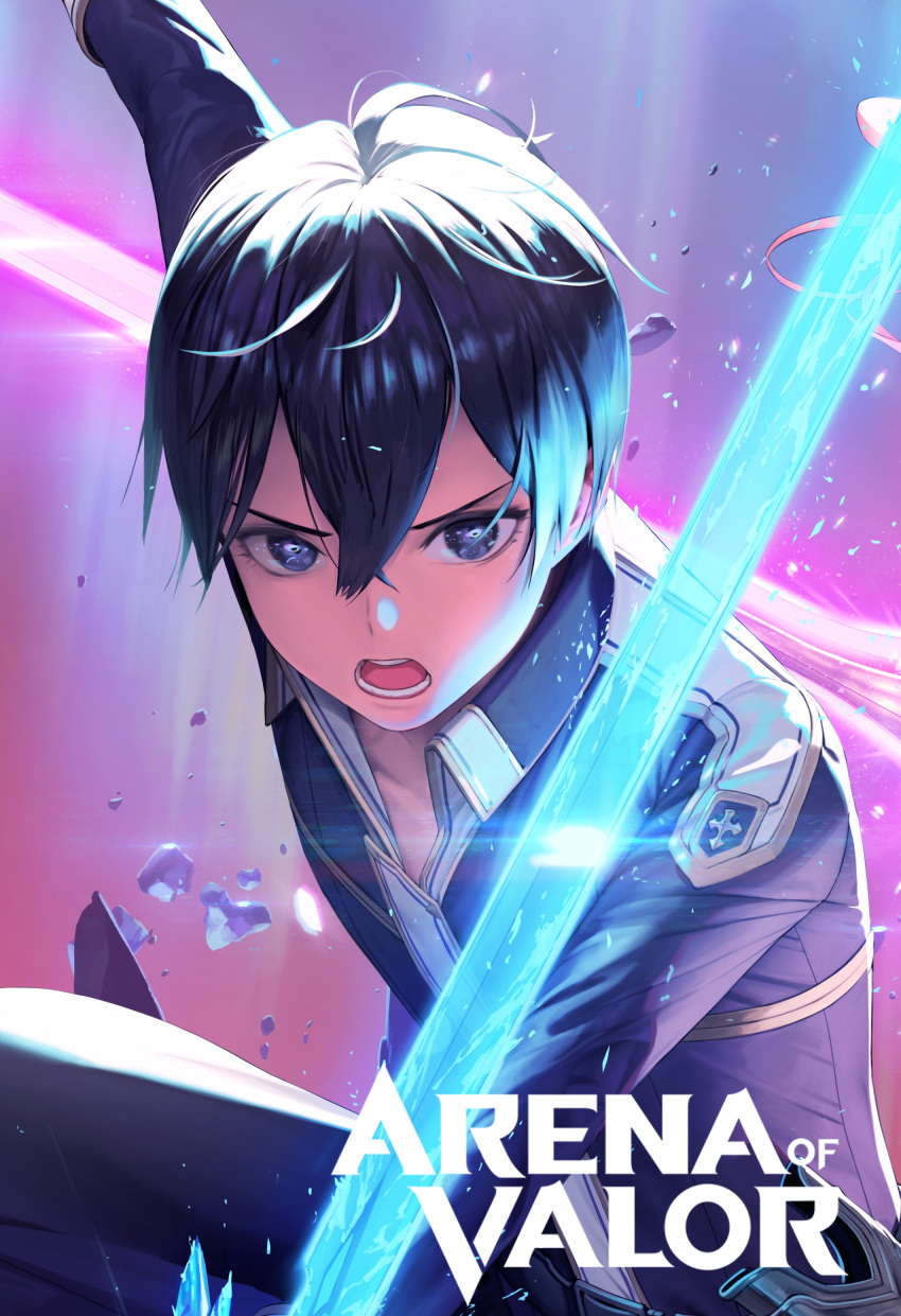 1boy absurdres arena_of_valor arm_up bangs black_hair black_jacket black_pants blue_eyes collared_jacket dual_wielding hair_between_eyes highres holding holding_sword holding_weapon hyulla jacket kirito long_sleeves looking_at_viewer male_focus open_mouth outstretched_arm pants shiny shiny_hair short_hair solo sword sword_art_online v-shaped_eyebrows weapon wing_collar