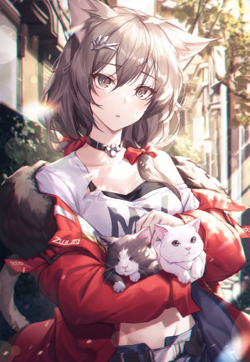 1girl absurdres animal animal_ears belt black_choker breasts brown_eyes brown_hair carrying cat cat_ears cat_girl cat_tail choker chyopeuteu crop_top day fur_trim groin hair_ornament highres jacket long_hair long_sleeves looking_at_viewer medium_breasts midriff off_shoulder open_clothes open_jacket original outdoors parted_lips red_jacket shirt solo sunlight tail upper_body white_shirt