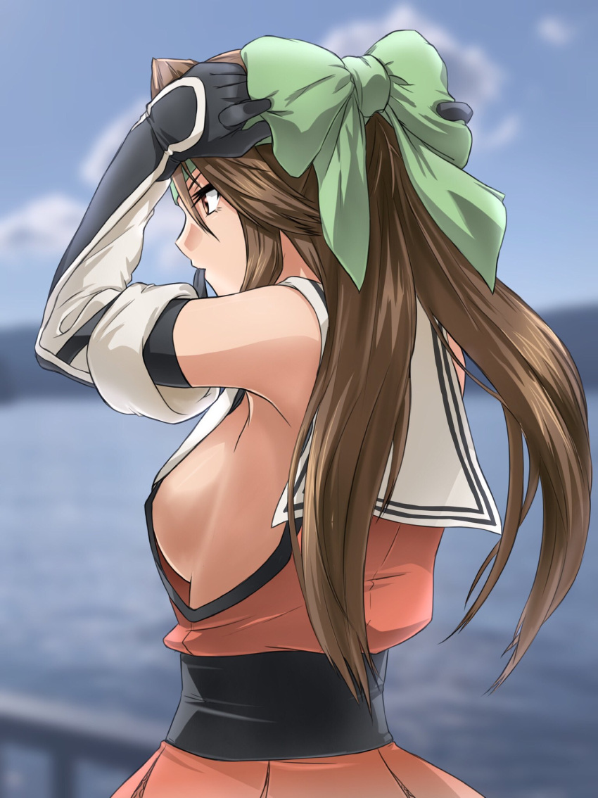 1girl akito_(sub707) blue_sky blurry bow breasts brown_eyes brown_hair clouds commentary_request day depth_of_field detached_sleeves elbow_gloves forehead_protector from_behind gloves green_bow hair_bow hair_intakes half_updo highres jintsuu_(kantai_collection) kantai_collection long_hair orange_serafuku outdoors pleated_skirt remodel_(kantai_collection) school_uniform serafuku sideboob skirt sky solo upper_body