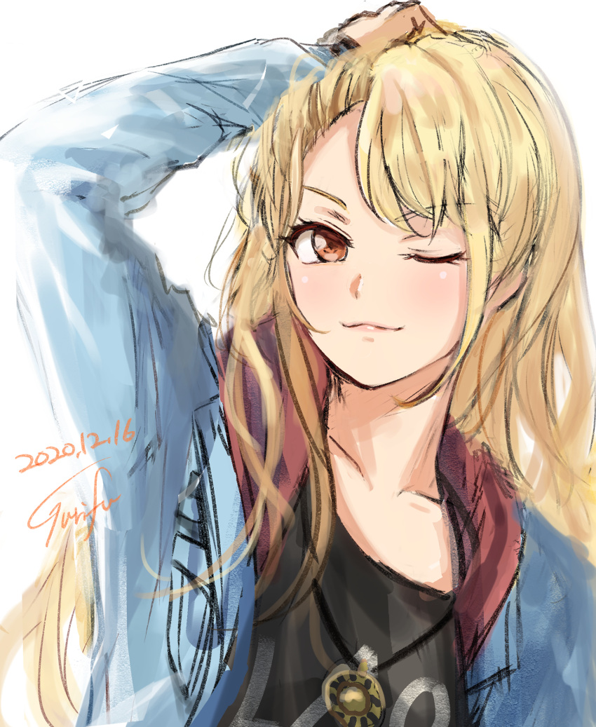 1girl arm_up bang_dream! bangs black_shirt blonde_hair blue_jacket brown_eyes closed_mouth commentary_request dated eyebrows_visible_through_hair gurifu highres jacket kirigaya_touko long_hair long_sleeves looking_at_viewer one_eye_closed open_clothes open_jacket parted_bangs shirt signature sleeves_past_wrists solo v-shaped_eyebrows very_long_hair