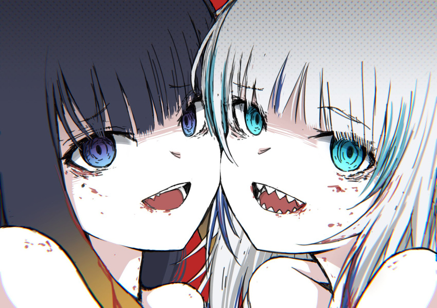 2girls blood blood_on_face blue_eyes blue_hair chain's eyebrows_visible_through_hair gawr_gura highres hololive hololive_english image_sample multicolored_hair multiple_girls ninomae_ina'nis purple_hair red_background sharp_teeth shoulders teeth tentacle_hair twitter_sample violet_eyes virtual_youtuber white_hair