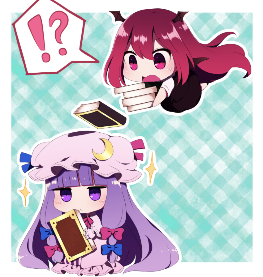 ! !? 2girls ? absurdres bangs black_dress blue_ribbon blunt_bangs blush book book_stack chibi commentary_request crescent crescent_moon_pin dress eyebrows_visible_through_hair hat hat_ribbon head_wings highres holding holding_book koakuma long_hair mob_cap multiple_girls open_mouth patchouli_knowledge pink_dress purple_hair red_eyes red_ribbon redhead ribbon speech_bubble spoken_exclamation_mark spoken_question_mark sweatdrop touhou tsurime very_long_hair violet_eyes you_(noanoamoemoe)