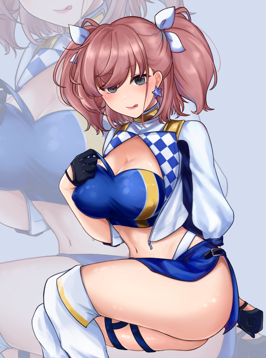 absurdres atlanta_(kantai_collection) black_gloves blue_bandeau blue_skirt boots breasts brown_hair cosplay cropped_jacket english_commentary gloves gotland_(kantai_collection) gotland_(kantai_collection)_(cosplay) grey_eyes hair_ribbon half_gloves highres jacket kantai_collection knee_boots large_breasts long_hair midriff miniskirt mixed-language_commentary racequeen reward_available ribbon shrug_(clothing) sitting skirt two_side_up white_footwear white_jacket white_ribbon yukai_(xiaoyu13298276) zoom_layer