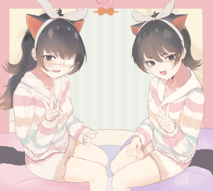 2girls :3 australian_devil_(kemono_friends) black_hair blush bow commentary_request dnsdltkfkd extra_ears eyebrows_visible_through_hair eyepatch fang hair_bow highres kemono_friends kemono_friends_3 long_hair long_sleeves matching_outfit medical_eyepatch multiple_girls open_mouth orange_eyes pajamas shirt short_hair short_shorts shorts sitting striped striped_pajamas striped_shirt striped_shorts tasmanian_devil_(kemono_friends) v