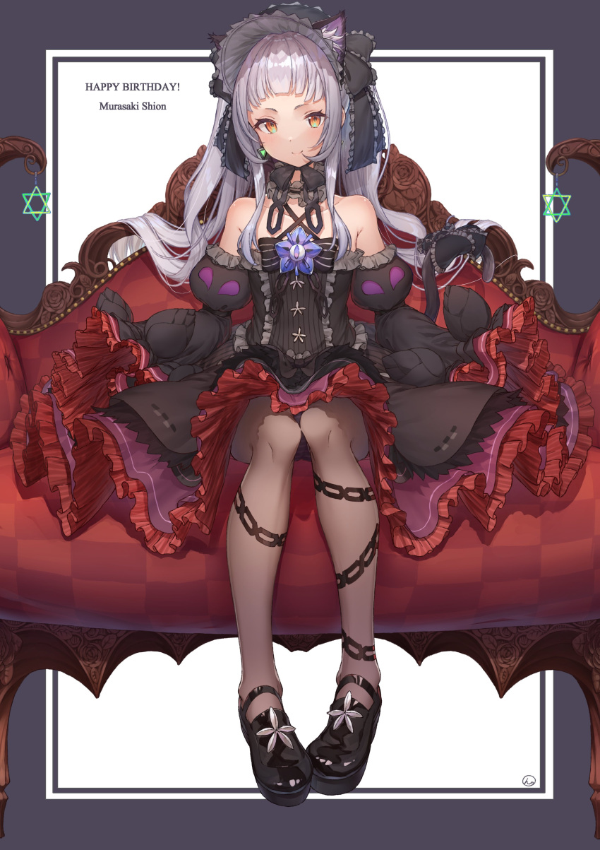 1girl absurdres animal_ear_fluff animal_ears bangs blunt_bangs cat_ears character_name choker collarbone couch detached_sleeves flat_chest frilled_choker frills gothic_lolita grey_hair hairband happy_birthday hexagram highres hololive lolita_fashion lolita_hairband long_hair murasaki_shion sidelocks sitting sleeves_past_fingers sleeves_past_wrists smile solo tihoro1609 virtual_youtuber yellow_eyes