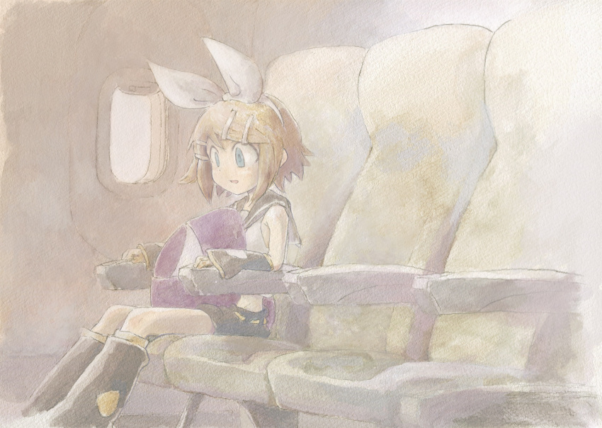 1girl airplane_interior arm_warmers bangs black_collar black_shorts blonde_hair blue_eyes borrowed_character bow collar commentary crop_top eyes haanbuun hair_bow hair_ornament hairclip highres kagamine_rin leg_warmers looking_at_another looking_down sailor_collar school_uniform seat shirt short_hair short_shorts shorts sitting swept_bangs traditional_media vocaloid watercolor_(medium) white_bow white_shirt window