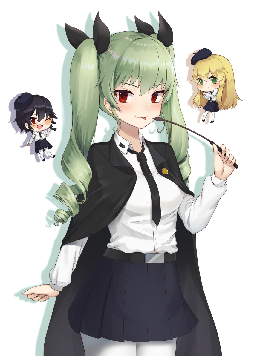 1girl :p absurdres anchovy_(girls_und_panzer) bangs belt belt_buckle black_belt black_bow black_cape black_neckwear black_skirt bow breasts buckle cape carpaccio_(girls_und_panzer) closed_mouth collared_shirt cowboy_shot dress_shirt drill_hair girls_und_panzer green_hair hair_between_eyes hair_bow hair_intakes highres holding holding_whip long_hair looking_at_viewer medium_breasts miniskirt necktie pantyhose pepperoni_(girls_und_panzer) plaid plaid_skirt red_eyes shadow shiny shiny_hair shirt simple_background skirt smile solo ssalgolae standing tongue tongue_out twin_drills twintails white_background white_legwear white_shirt wing_collar