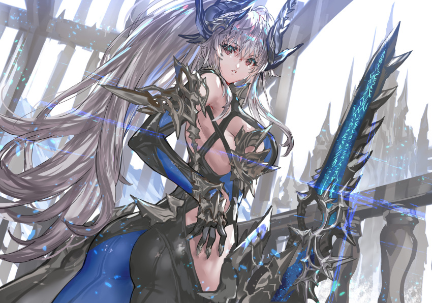 1girl ass back bangs bodysuit breasts highres horns long_hair looking_at_viewer original parted_lips ponytail ran'ou_(tamago_no_kimi) silver_hair solo sword very_long_hair violet_eyes weapon