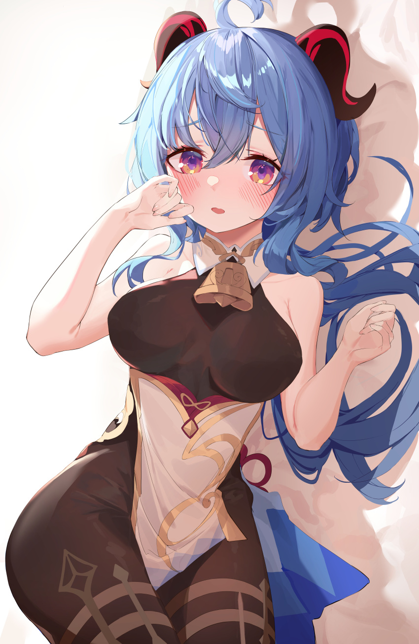 1girl absurdres ahoge bare_arms bare_shoulders bell blue_hair bodystocking breasts cowbell curled_horns ganyu_(genshin_impact) genshin_impact goat_horns gold_trim hair_between_eyes hands_up highres horns huge_filesize large_breasts long_hair looking_at_viewer munseonghwa parted_lips pelvic_curtain solo thighs violet_eyes
