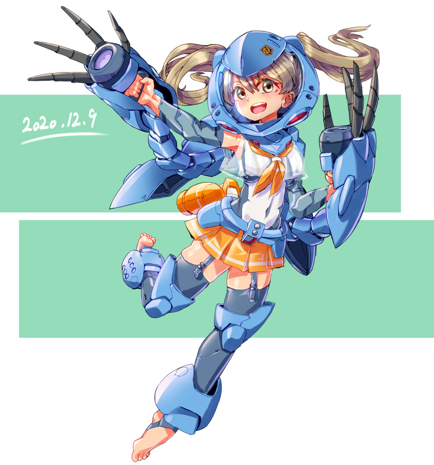 1girl absurdres ag_00000 barefoot breasts brown_eyes brown_hair claws clenched_hands covered_navel dated floating_hair gundam gundam_0080 hair_behind_ear helmet highres hygogg mecha_musume medium_breasts skirt thigh-highs twintails yellow_skirt
