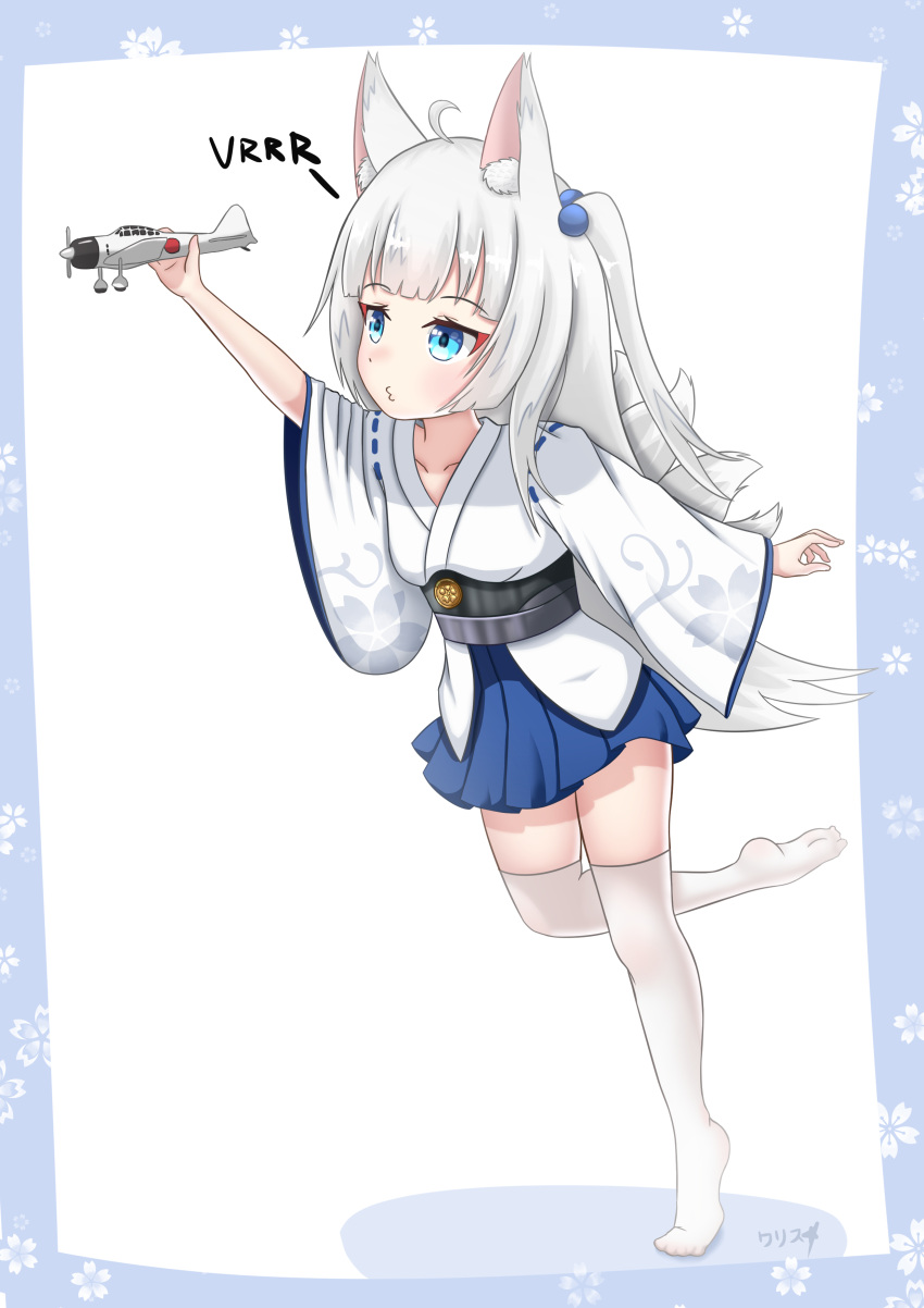 1girl absurdres aircraft animal_ears aqua_eyes arm_up azur_lane boppin commentary_request eyebrows_visible_through_hair eyeshadow fox_ears fox_girl fox_tail hair_bobbles hair_ornament highres holding japanese_clothes kaga_(azur_lane) kyuubi long_hair makeup multiple_tails o3o one_side_up pleated_skirt simple_background skirt solo standing standing_on_one_leg tail two-tone_background white_hair wide_sleeves younger