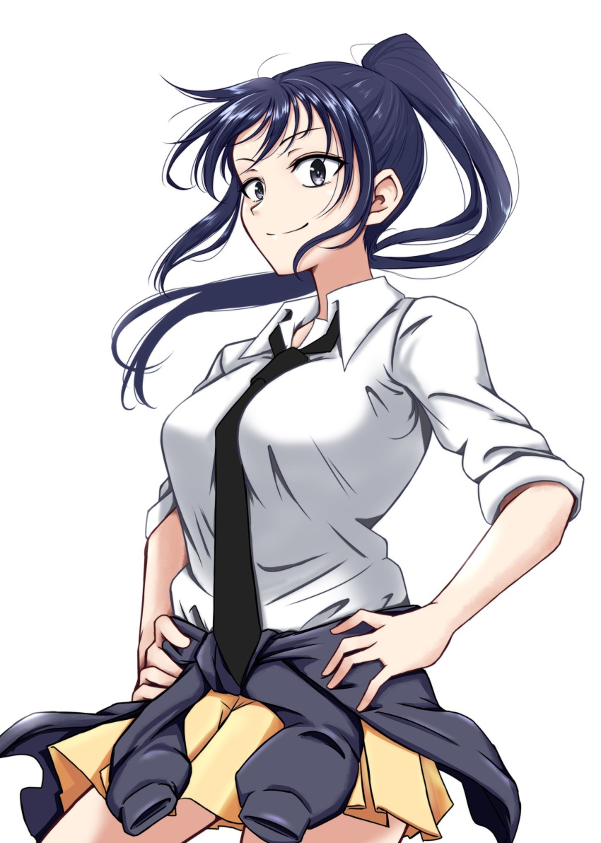 1girl bangs black_hair breasts clothes_around_waist commentary_request eyebrows_visible_through_hair hand_on_hip highres large_breasts long_hair looking_at_viewer osumoto1 pleated_skirt ponytail sasaki_fuuka school_uniform shirt simple_background skirt sleeves_rolled_up smile solo standing sweater sweater_around_waist watashi_ga_motenai_no_wa_dou_kangaetemo_omaera_ga_warui!