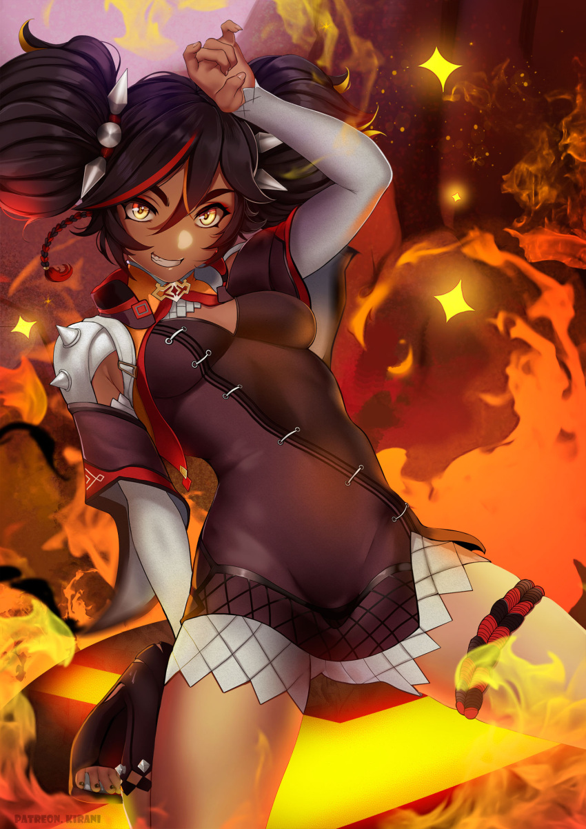 1girl :d arm_guards arm_up black_dress black_hair breasts dark_skin dark-skinned_female dress eyebrows feet fire full_body genshin_impact hair_ornament highres kirani kneeling long_sleeves medium_breasts multicolored_hair open_mouth redhead short_twintails smile solo spikes streaked_hair teeth thick_eyebrows toeless_legwear toenail_polish twintails two-tone_hair xinyan_(genshin_impact) yellow_eyes