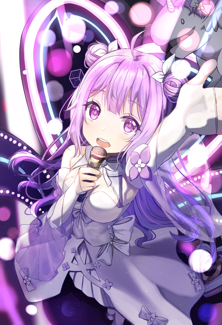 1girl :d absurdres arm_up azur_lane bare_shoulders commentary detached_sleeves double_bun dress eyebrows_visible_through_hair from_above ha_en hair_ribbon highres holding holding_microphone long_hair looking_at_viewer looking_up microphone music open_mouth pleated_skirt purple_hair ribbon singing skirt smile solo unicorn_(angelic_night)_(azur_lane) unicorn_(azur_lane) violet_eyes white_dress white_legwear white_skirt winged_unicorn