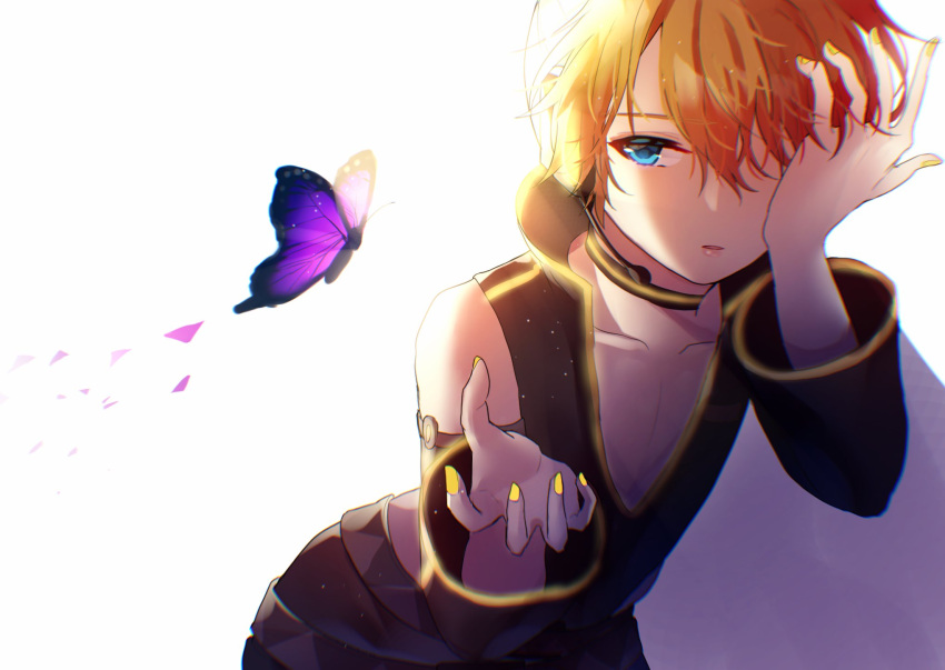 1boy aryuma772 belt black_vest blonde_hair bloom blue_eyes bug butterfly choker collarbone commentary detached_sleeves hand_over_eye headphones headset highres insect kagamine_len leaning_forward male_focus migikata_no_chou_(vocaloid) nail_polish punkish_(module) purple_butterfly sidelighting sideways_glance upper_body vest vocaloid yellow_nails