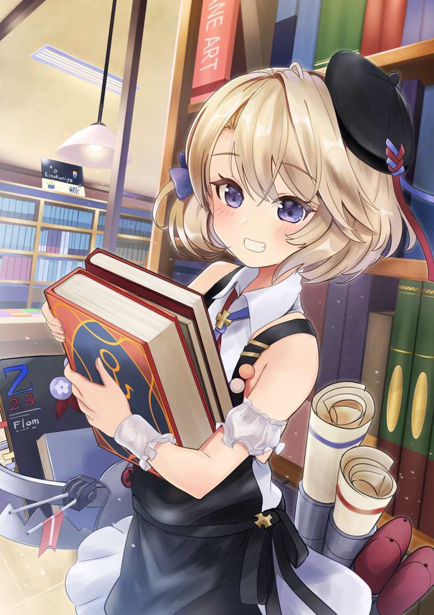 1girl absurdres apron azur_lane bangs bare_shoulders beret black_apron black_headwear blue_eyes blush book bookshelf bow collared_dress commentary_request cowboy_shot dress eyebrows_visible_through_hair grin hair_between_eyes hair_bow hat highres holding holding_book indoors iron_cross john_manjirou_(love-love-happy21) lamp library light_brown_hair looking_at_viewer purple_bow short_hair sidelocks sleeveless sleeveless_dress smile solo standing tilted_headwear torpedo turret white_dress wrist_cuffs z23_(azur_lane) z23_(the_eyecatch_in_the_rye)_(azur_lane)