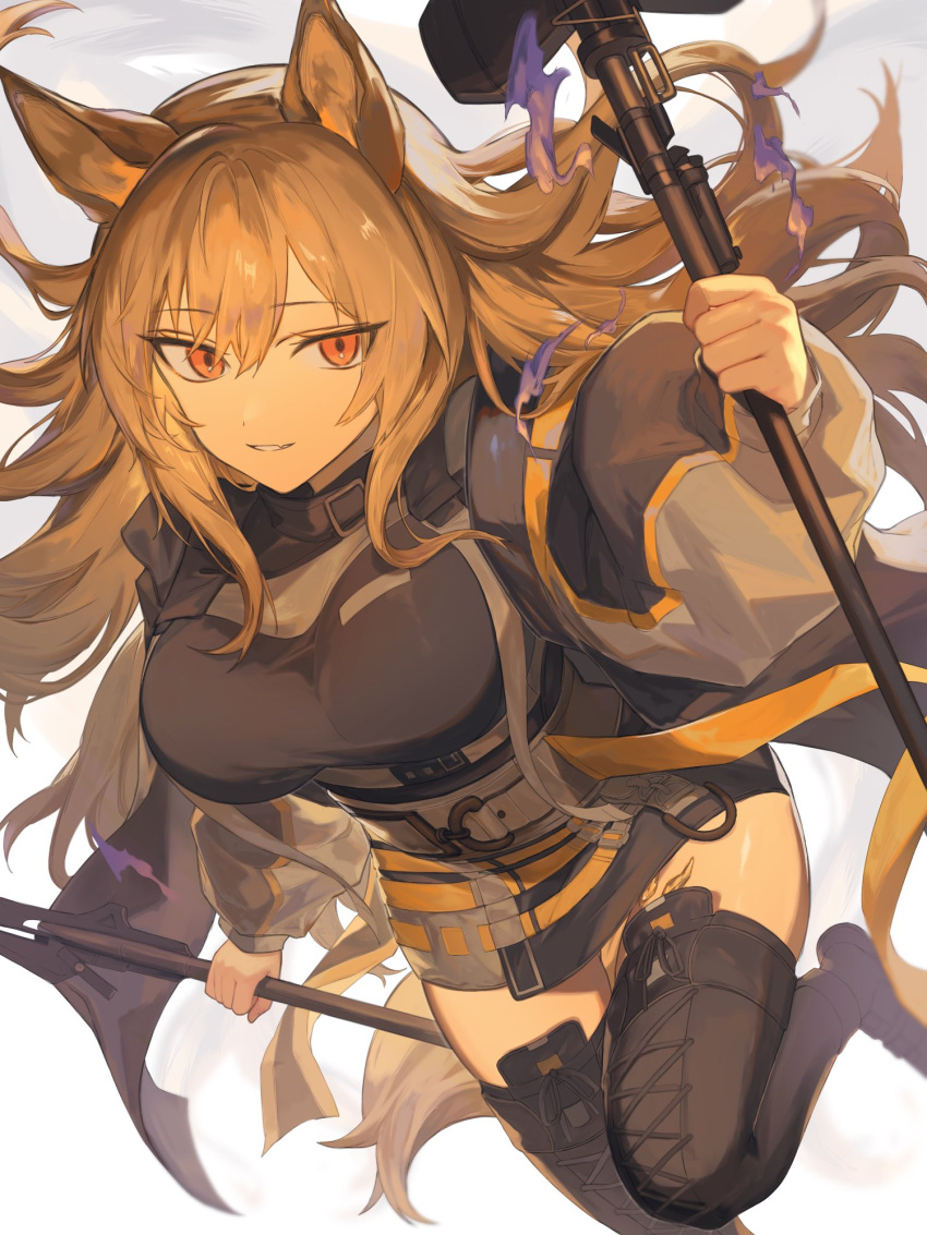 1girl animal_ears arknights black_footwear black_jacket black_legwear black_shirt boots breasts ceobe_(arknights) closed_mouth commentary cowboy_shot dog_ears dual_wielding eyebrows_visible_through_hair fire grin hair_between_eyes highres holding holding_staff jacket large_breasts light_brown_hair long_hair looking_at_viewer open_clothes open_jacket orange_eyes oripathy_lesion_(arknights) purple_fire sg_m_05 shirt simple_background smile solo staff strap thigh-highs thigh_boots thighs white_background zettai_ryouiki