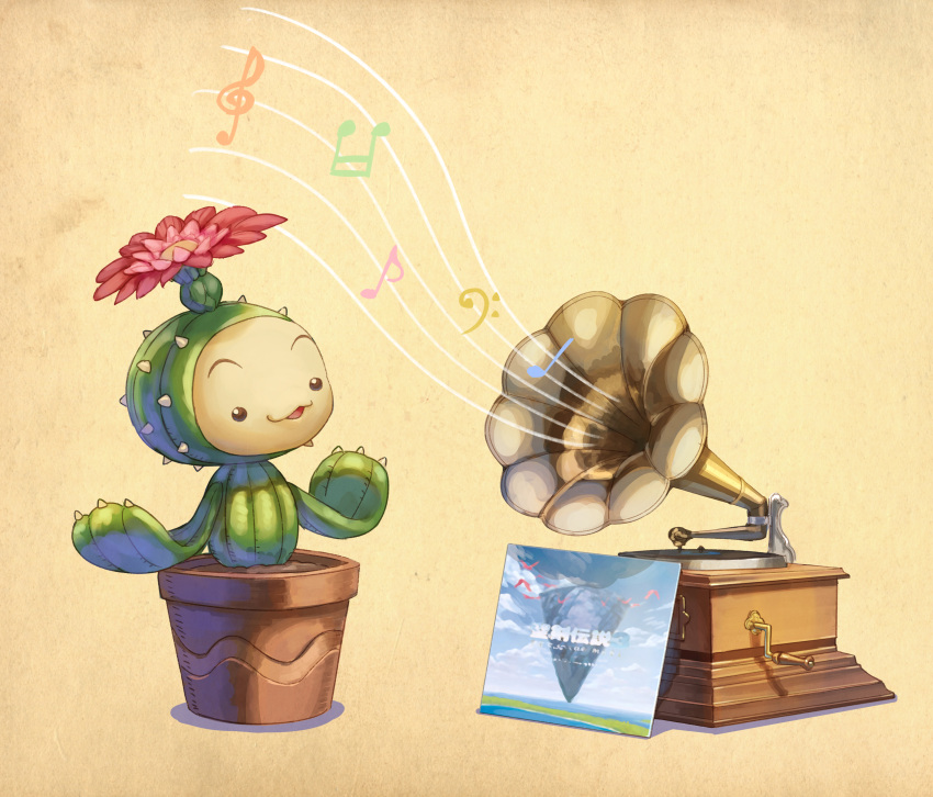 absurdres anbe_yoshirou brown_background cactus commentary_request creature flower flower_pot highres lil'_cactus looking_to_the_side music musical_note no_humans open_mouth phonograph plant potted_plant record record_jacket seiken_densetsu seiken_densetsu_3 smile solo
