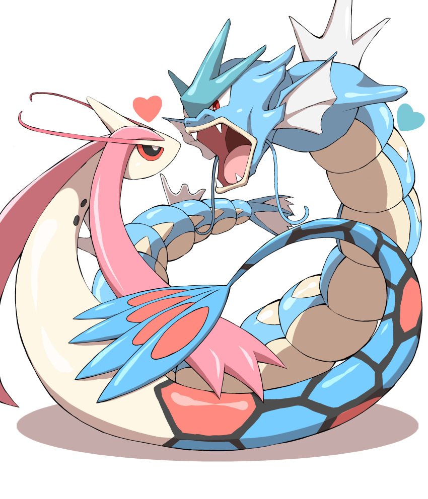 absurdres commentary eye_contact fangs gen_1_pokemon gen_3_pokemon gyarados heart highres jahana_mei looking_at_another milotic no_humans open_mouth pokemon pokemon_(creature) red_eyes shiny tongue white_background