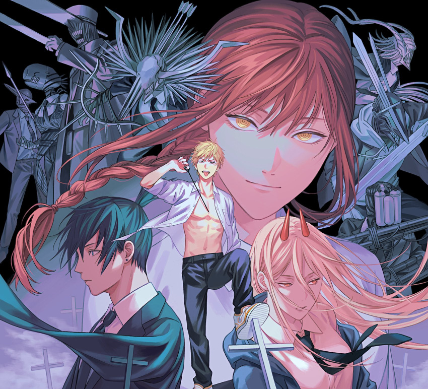 2boys 2girls am88121 arrow_(projectile) bangs belt black_neckwear black_pants black_suit blonde_hair blue_eyes blue_hair blue_hoodie blue_jacket blue_neckwear braid braided_ponytail breasts business_suit buttons chainsaw_man character_request closed_mouth clouds collared_shirt cross crosshair_pupils demon_girl demon_horns denji_(chainsaw_man) dress_shirt earrings floating_hair floating_necktie formal gun hair_between_eyes hayakawa_aki_(chainsaw_man) highres holding holding_gun holding_sword holding_weapon hood hoodie horns jacket jewelry long_hair long_sleeves looking_at_viewer looking_to_the_side makima_(chainsaw_man) multiple_boys multiple_girls navel necktie office_lady open_clothes open_hoodie open_mouth open_shirt pants parted_lips pectorals pink_hair polearm power_(chainsaw_man) red_horns redhead ringed_eyes sharp_teeth shirt shirt_tucked_in shoes short_hair short_sleeves smile sneakers spear standing suit sword teeth toned toned_male tongue tongue_out topknot weapon white_footwear white_shirt yellow_eyes